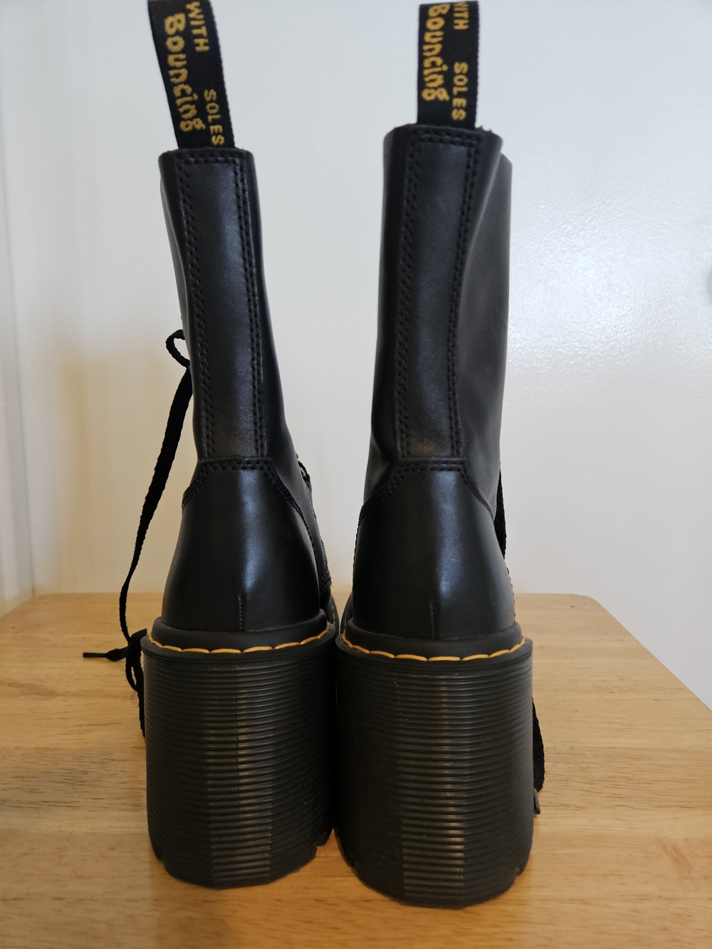 Dr. Martens Black Lace-Up Platform Combat Boots with Yellow Stitching - Picture 2 of 8